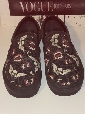 Vans Black Slip-On Sneakers with White Skull With Wings & Red Vampire Graphics